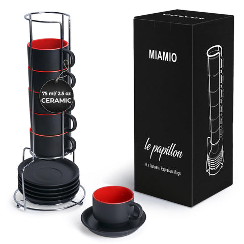 MIAMIO Le Papillon red espresso cups with saucers for elegant mornings.