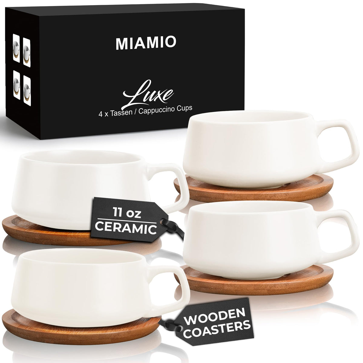MIAMIO Luxe 11oz tea cups with wooden saucers for elegant daily coffee and tea.