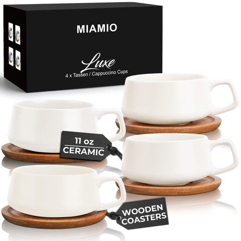 MIAMIO Luxe 11oz tea cups with wooden saucers for elegant daily coffee and tea.