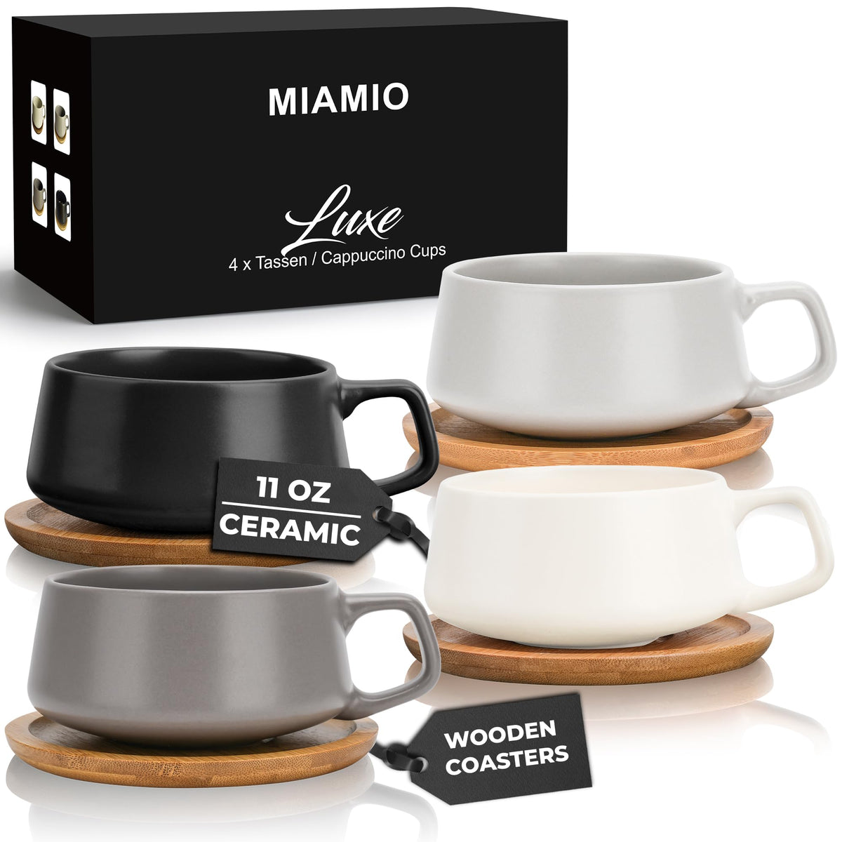 MIAMIO Luxe Collection ceramic tea cup with wooden saucer for elegant everyday sipping.