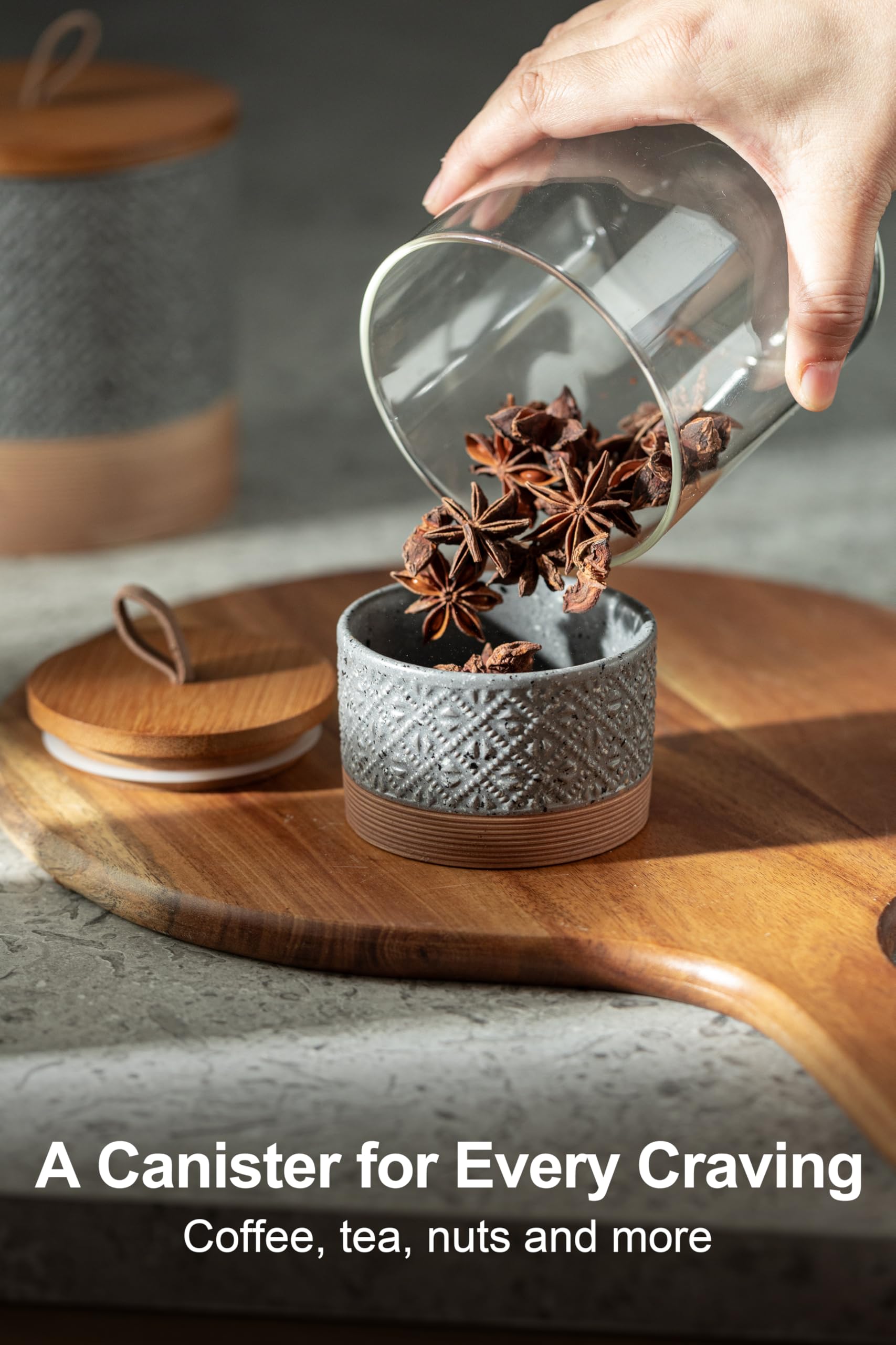 Miamolo airtight wooden lid jar keeps contents fresh on your kitchen counter.