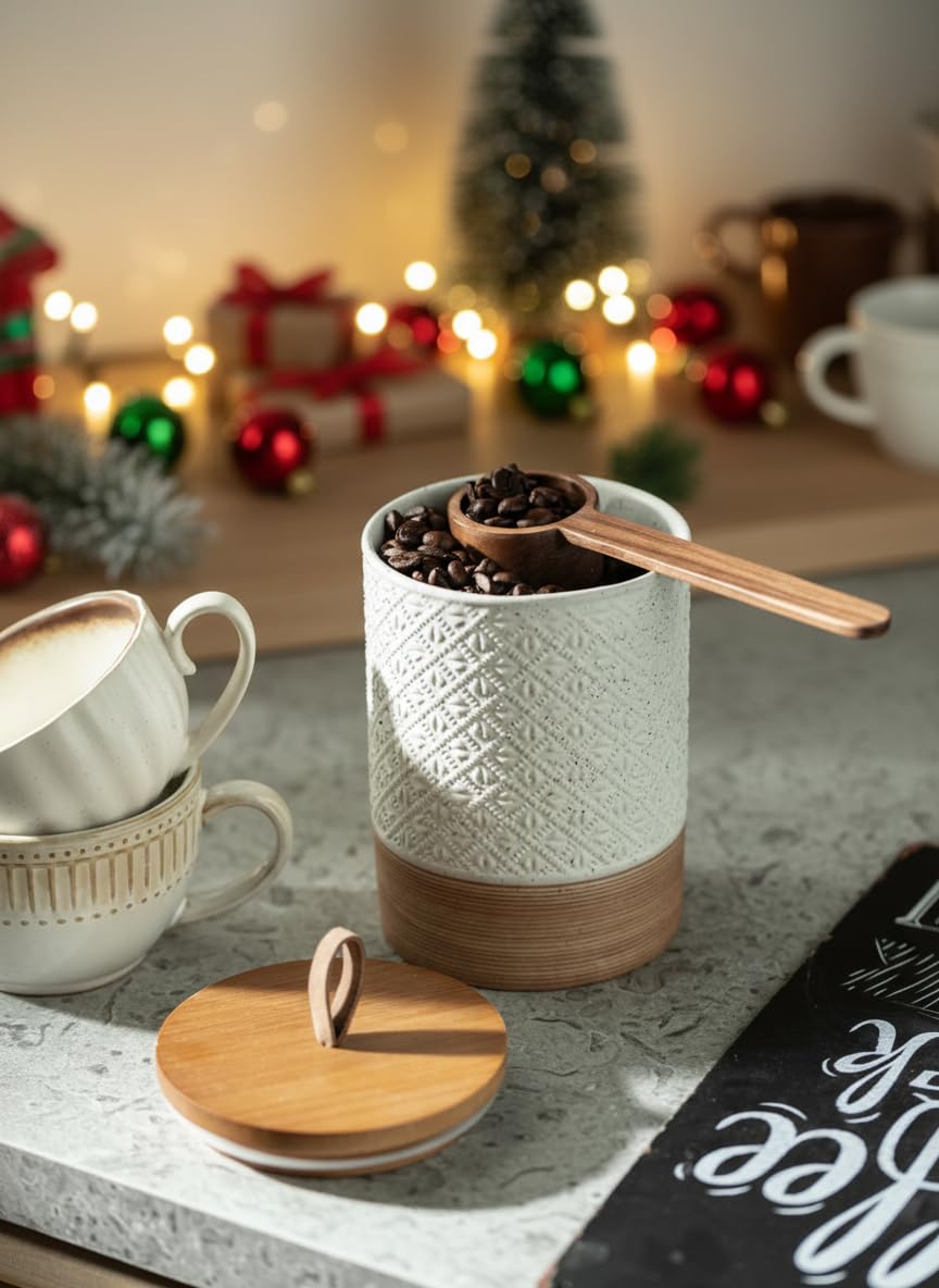 Miamolo ceramic coffee canister with airtight lid emphasizes freshness and organization.