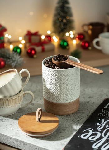 Miamolo ceramic coffee canister with airtight lid emphasizes freshness and organization.