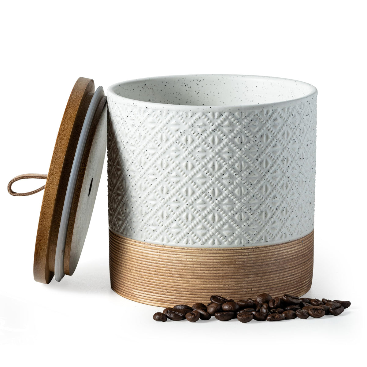 Miamolo ceramic coffee container with lid preserves freshness for beans and grounds.