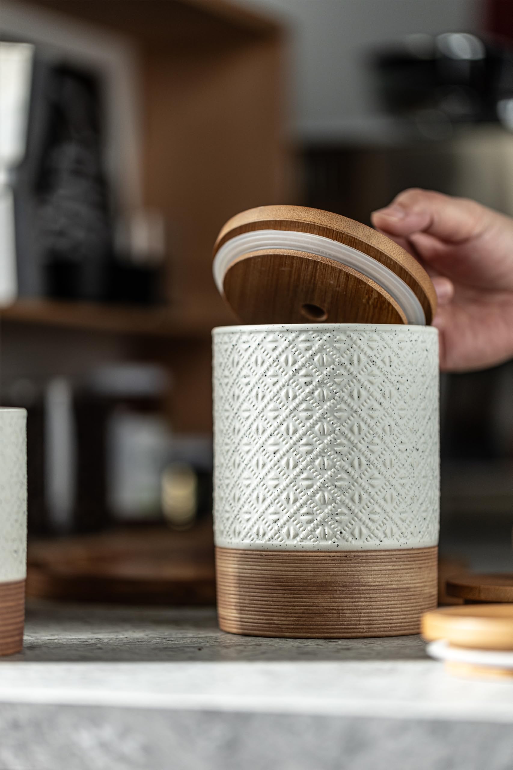 Miamolo ceramic jar embossed pattern adds farmhouse charm