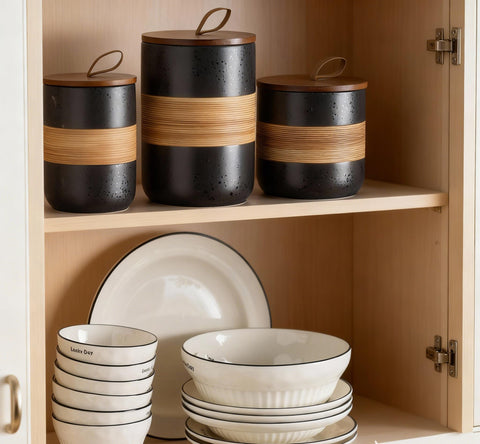 Miamolo ceramic jar base and lid stackable design for compact pantry.