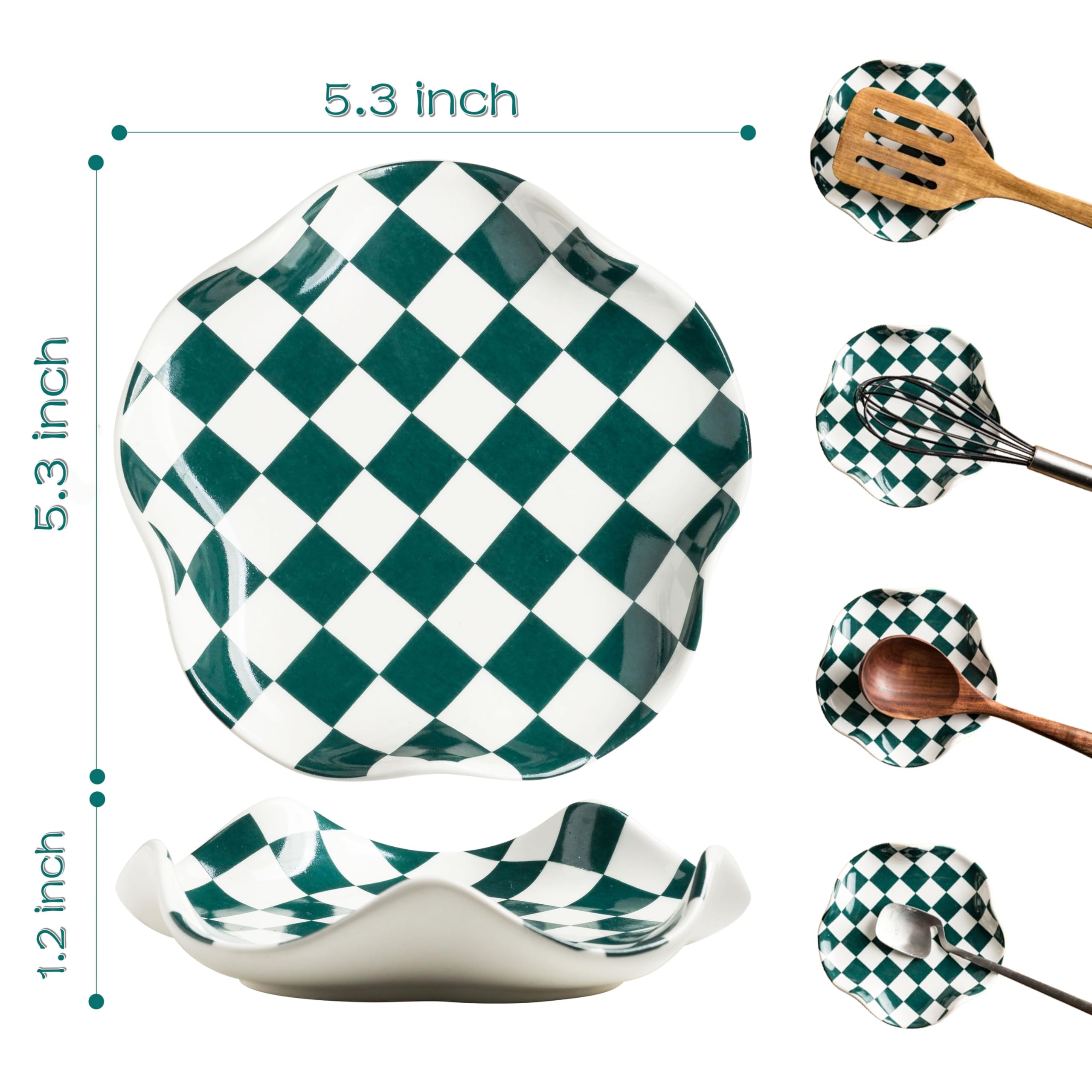 Miamolo checkered spoon rest in ceramic highlights green checker pattern.