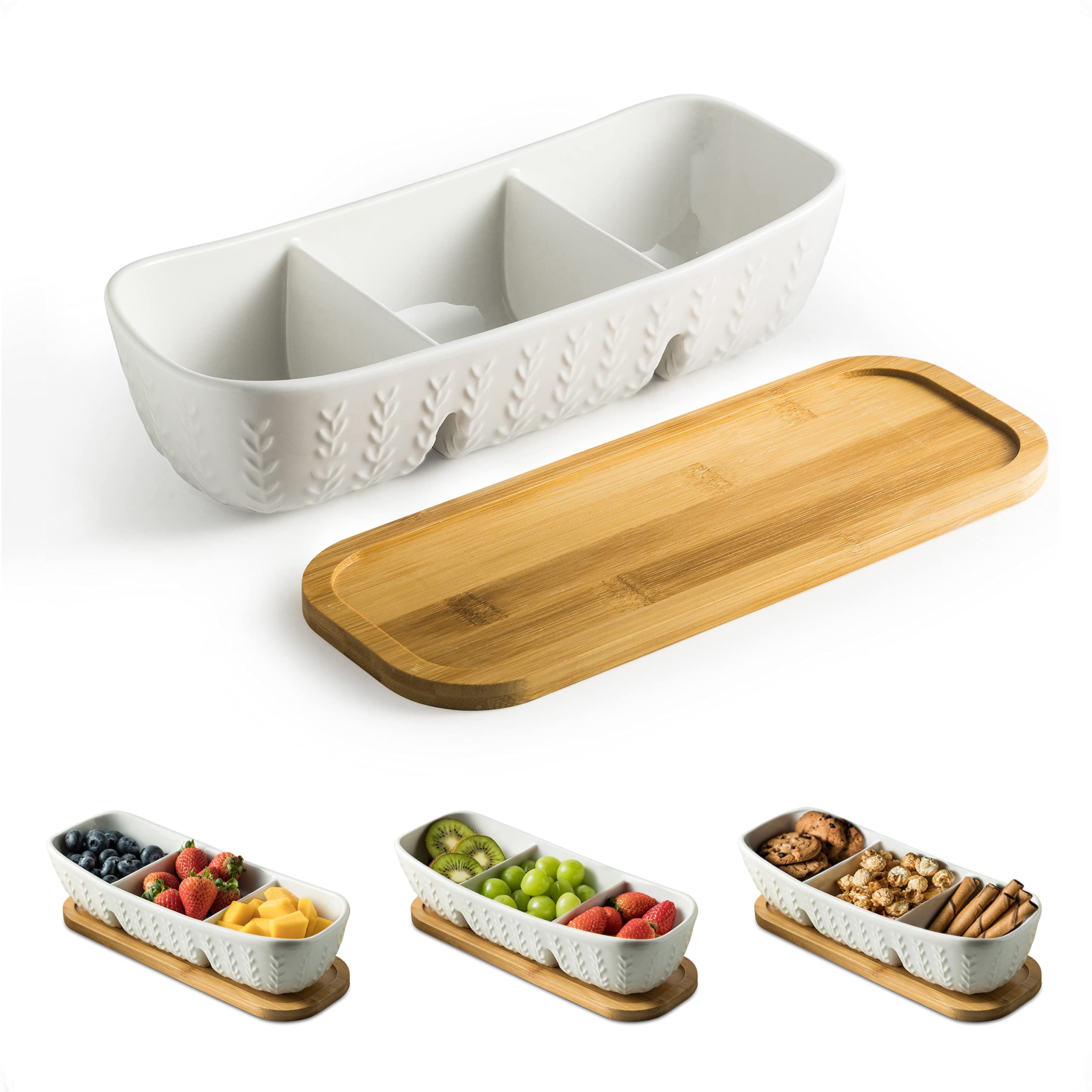 Miamolo chip and dip tray in acacia wood for stylish entertaining and easy serving.