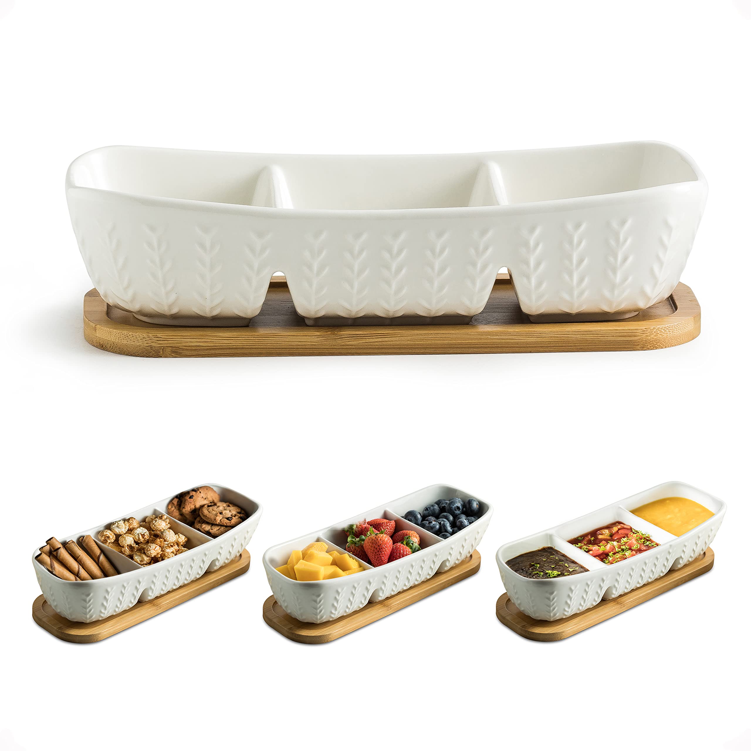 Miamolo chip and dip tray on wooden tray for stylish entertaining