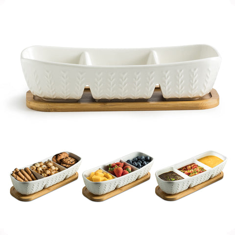 Miamolo chip and dip tray on wooden tray for stylish entertaining