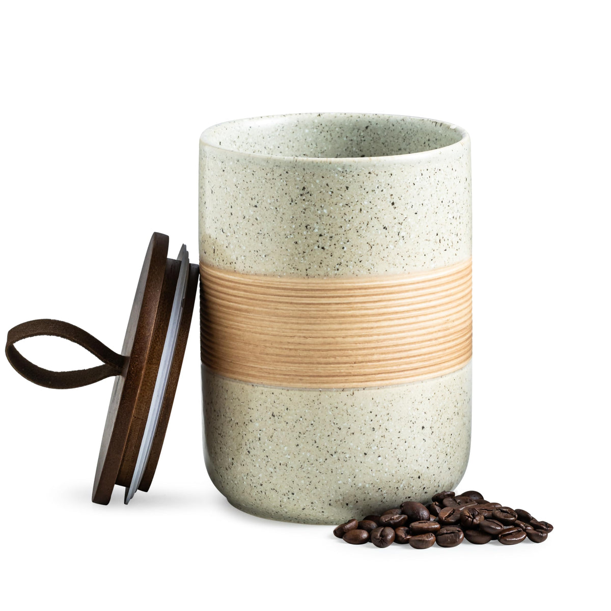 Miamolo coffee storage jar with lid keeps coffee fresh and organized on the counter.