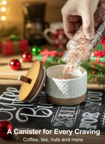 Miamolo embossed ceramic jar showcases farmhouse charm while storing spices.