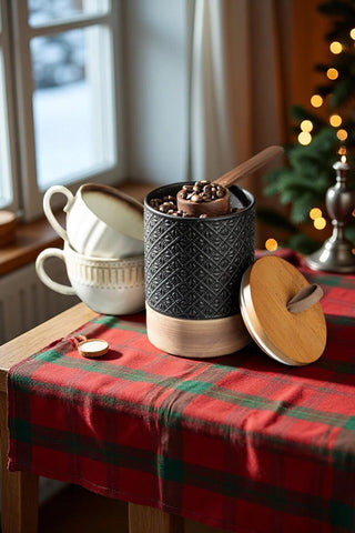 Miamolo embossed design ceramic jar adds farmhouse charm while storing dry goods.