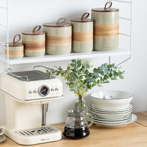 Miamolo kitchen counter display enhances dining areas with elegant ceramic jars.