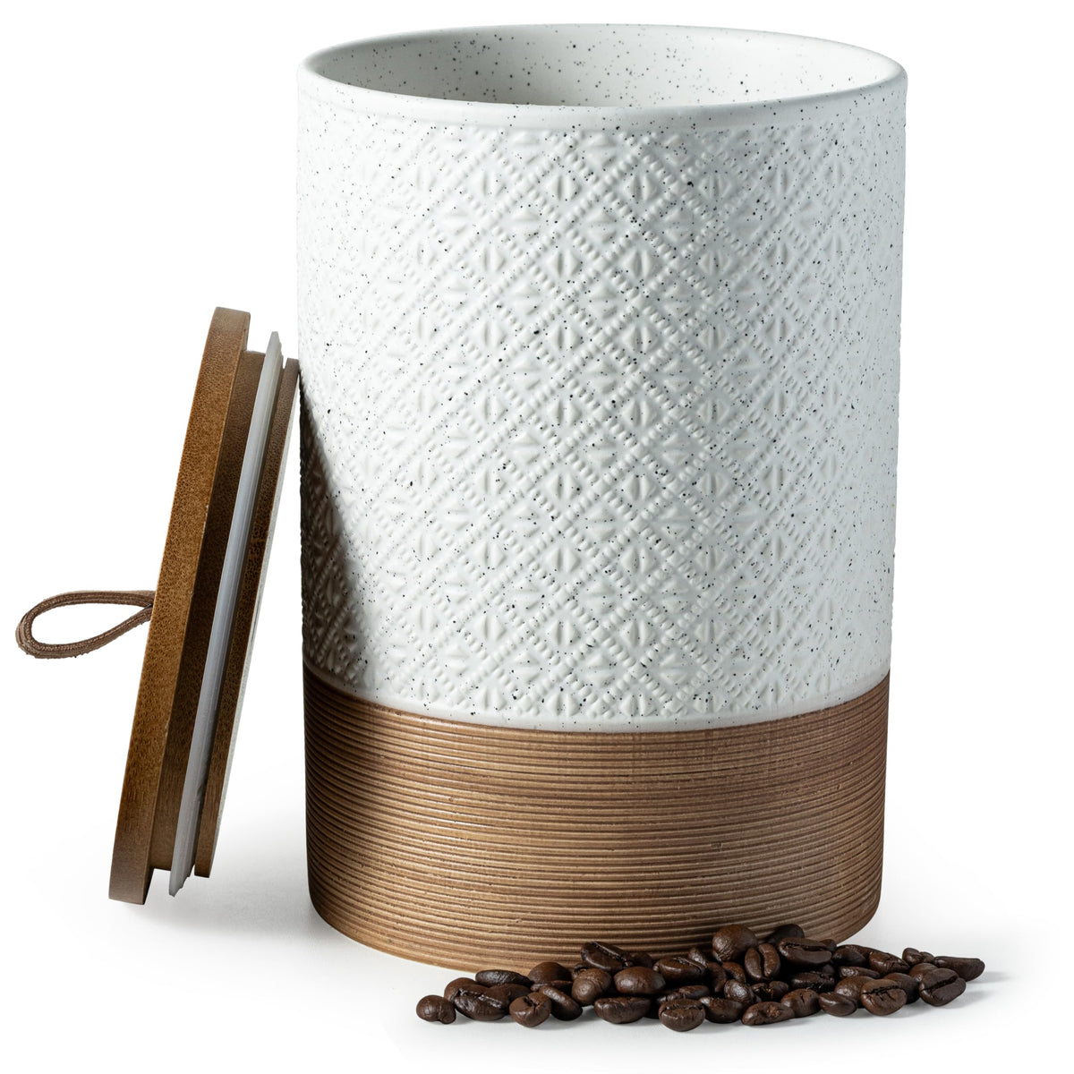 Miamolo large jar with lid showing 64 oz capacity for bulk storage on a kitchen counter.
