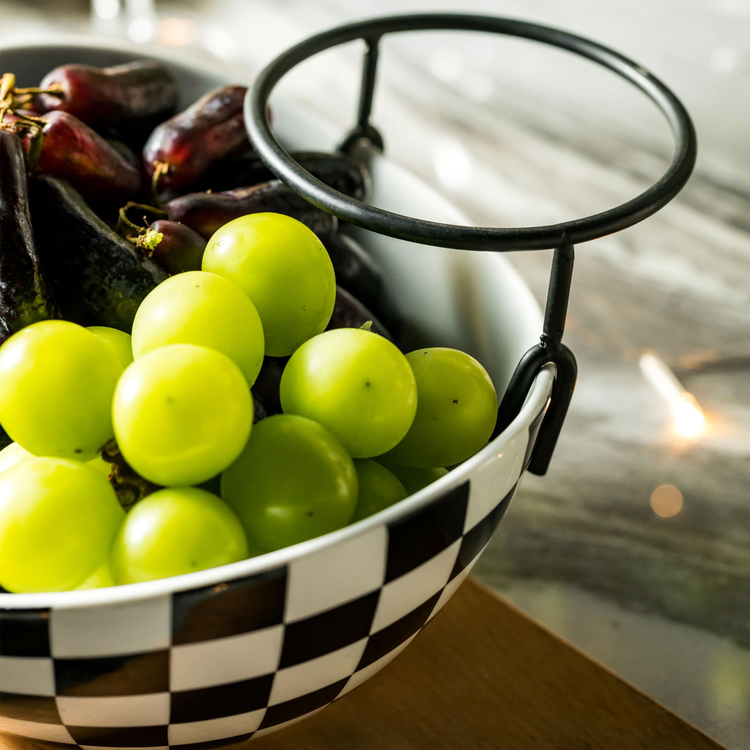 Miamolo salsa and fruit bowls arranged in a chic checkered pattern.