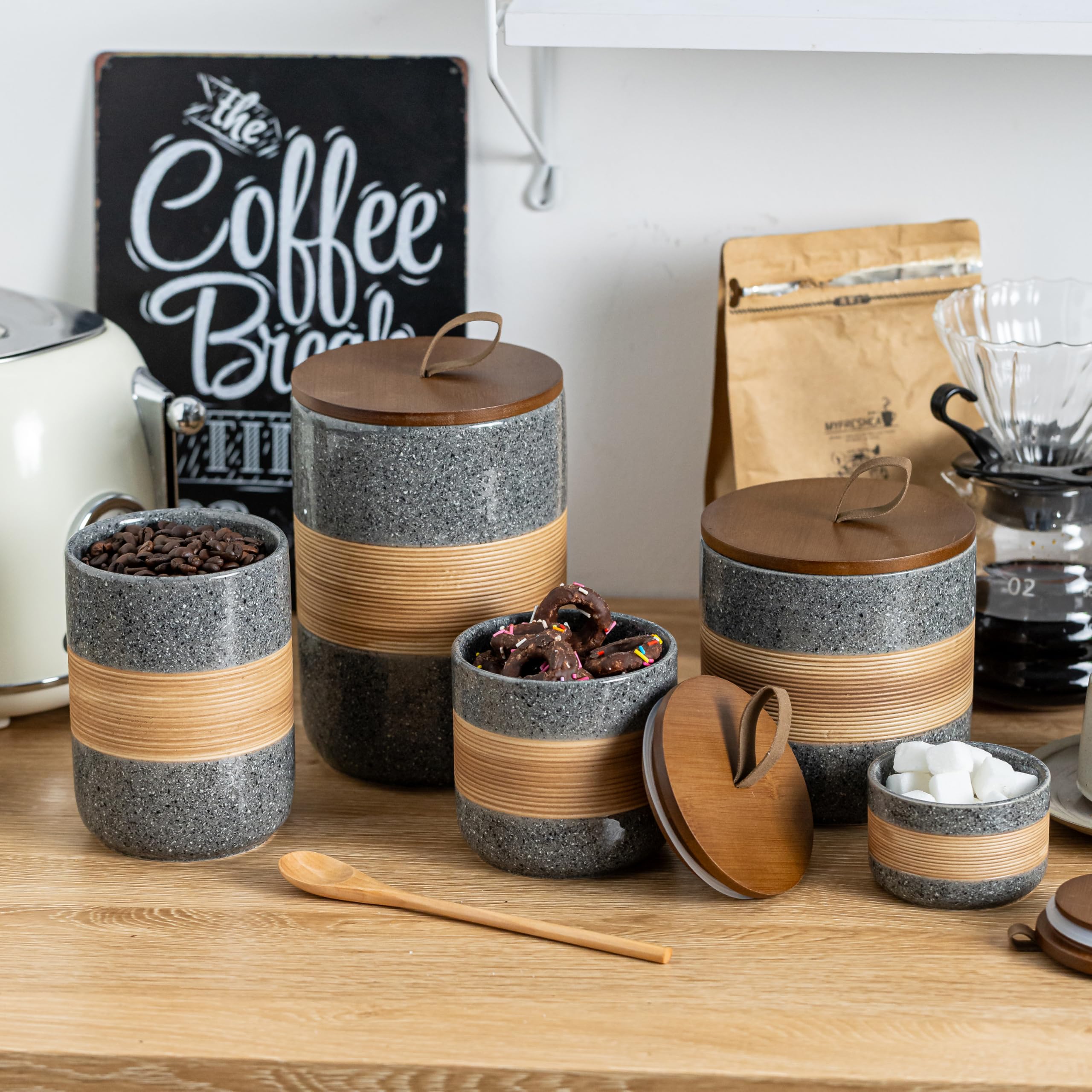 Miamolo grey ceramic jars ideal for spices, sugar, coffee, tea.