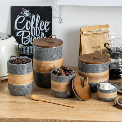 Miamolo grey ceramic jars ideal for spices, sugar, coffee, tea.