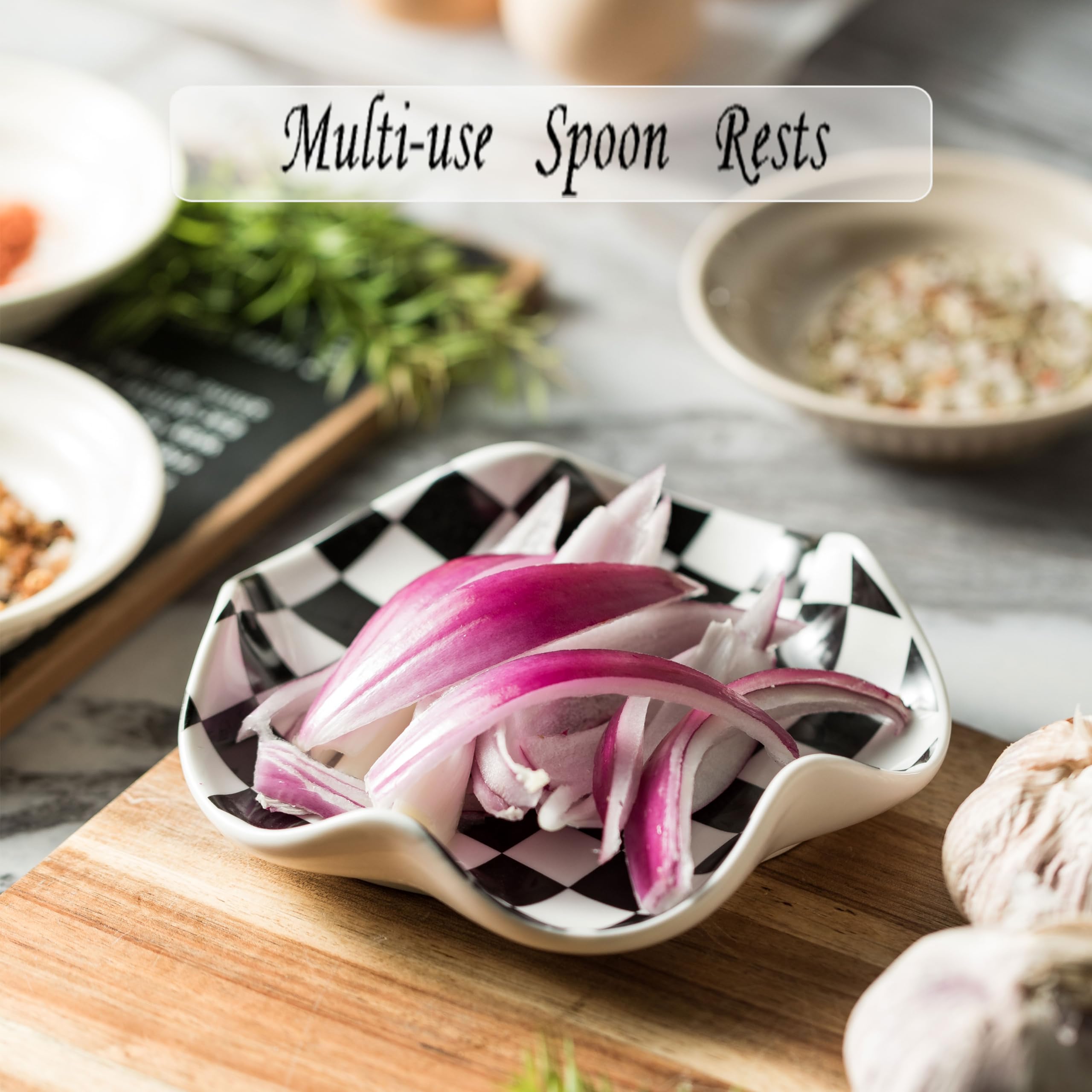Miamolo spoon rest with flower edge design helps keep counters clean during cooking.