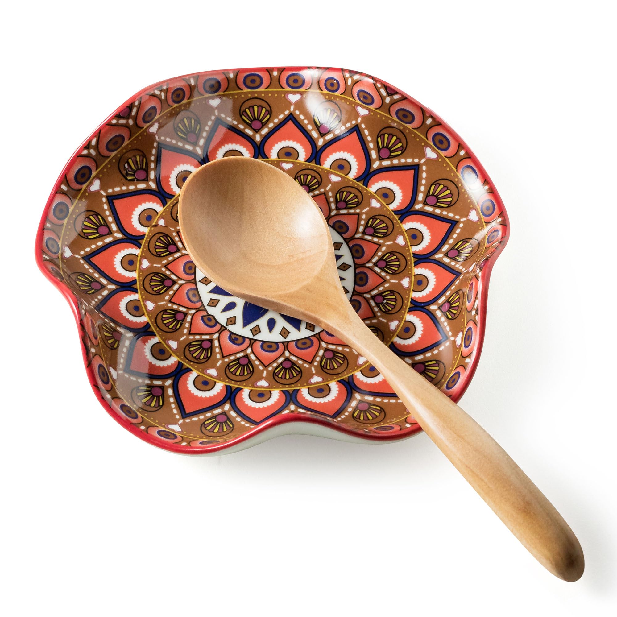 Miamolo spoon rest on stove top with Bohemian pattern, prevents drips and keeps utensils organized.