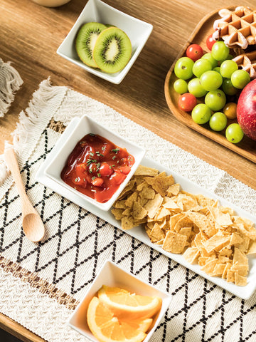 Miamolo square dip bowls on tray for chic presentation