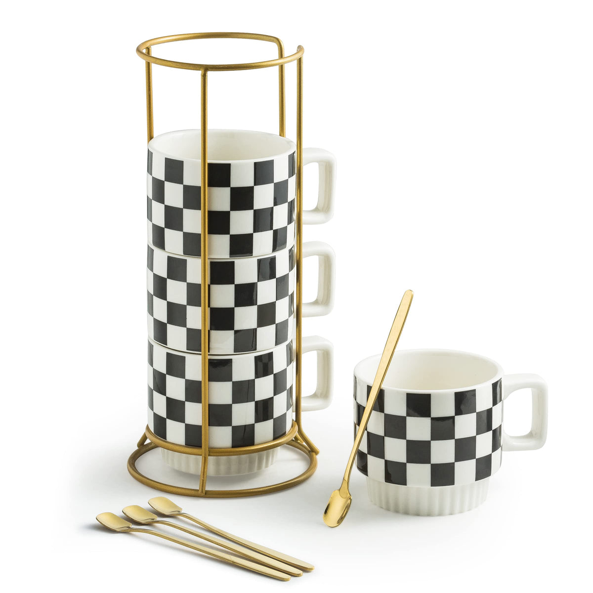 Miamolo Stackable Mug Set of 4 with Rack showcasing 11oz capacity for easy serving