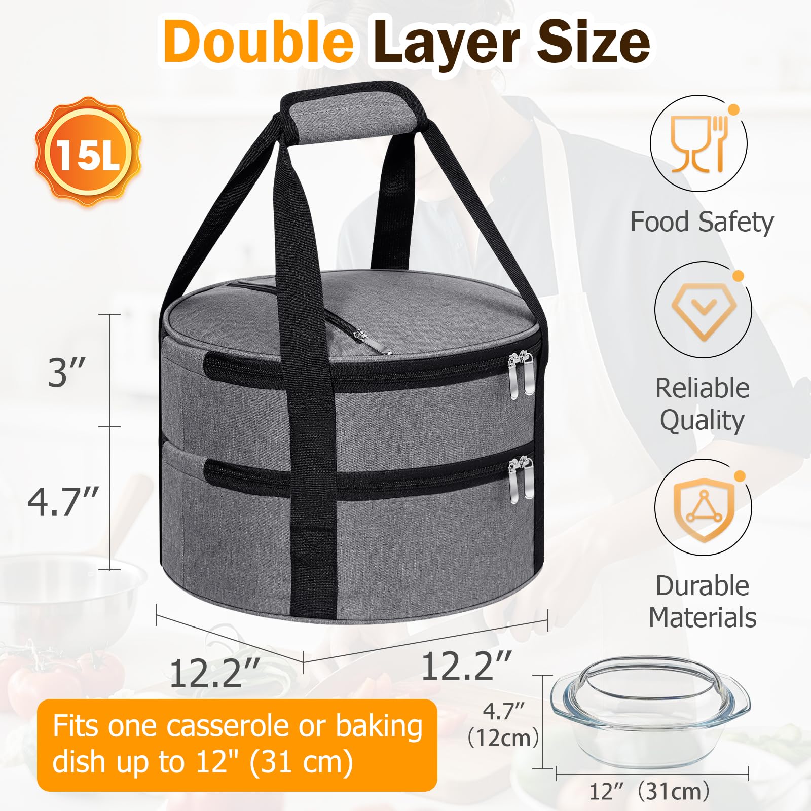 Dual-layer design for flexible packing with a 12-inch dish inside.