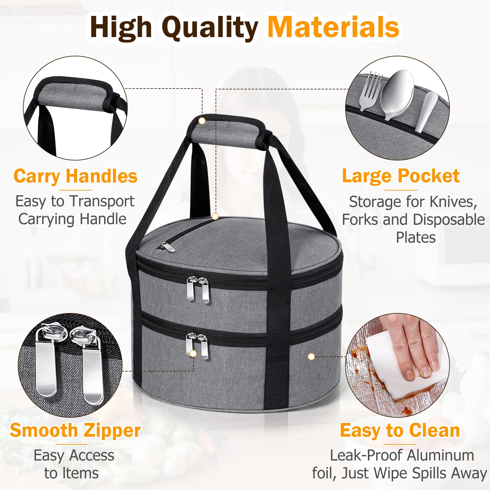 Casserole carrier showing space for a standard baking dish and pies.