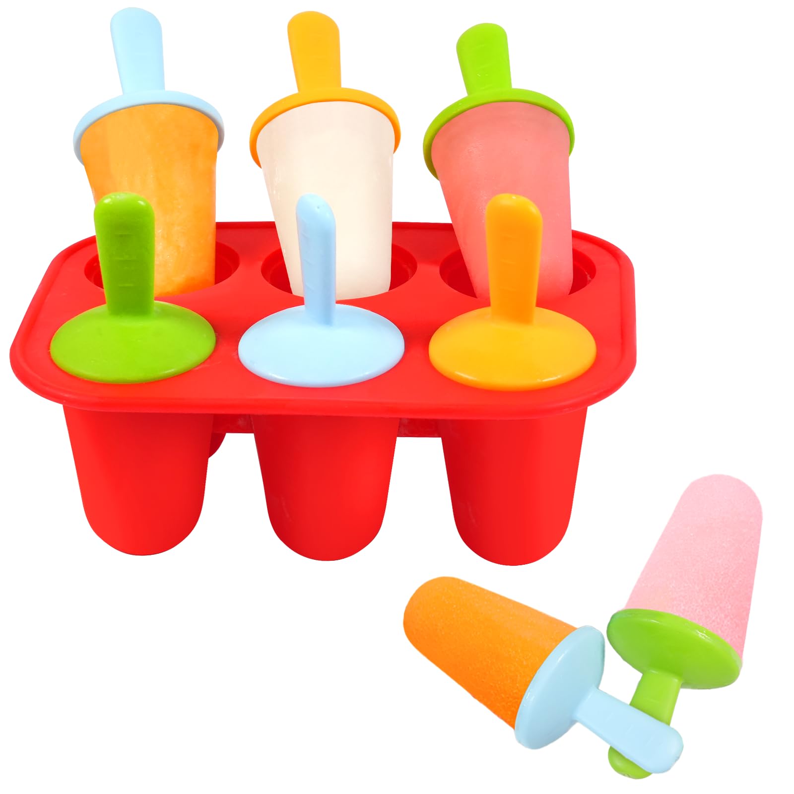 Miaowoof silicone popsicle molds with six red cavities for easy toddler snacking.