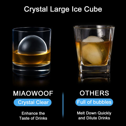 Miaowoof slow-melting ice ball in glass extends drink chill.