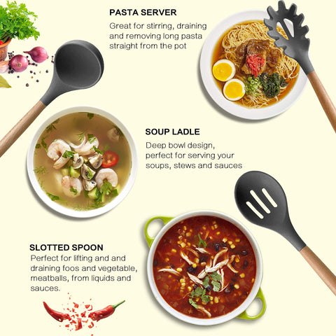 MIBOTE silicone turner with wooden handle protects nonstick surfaces.