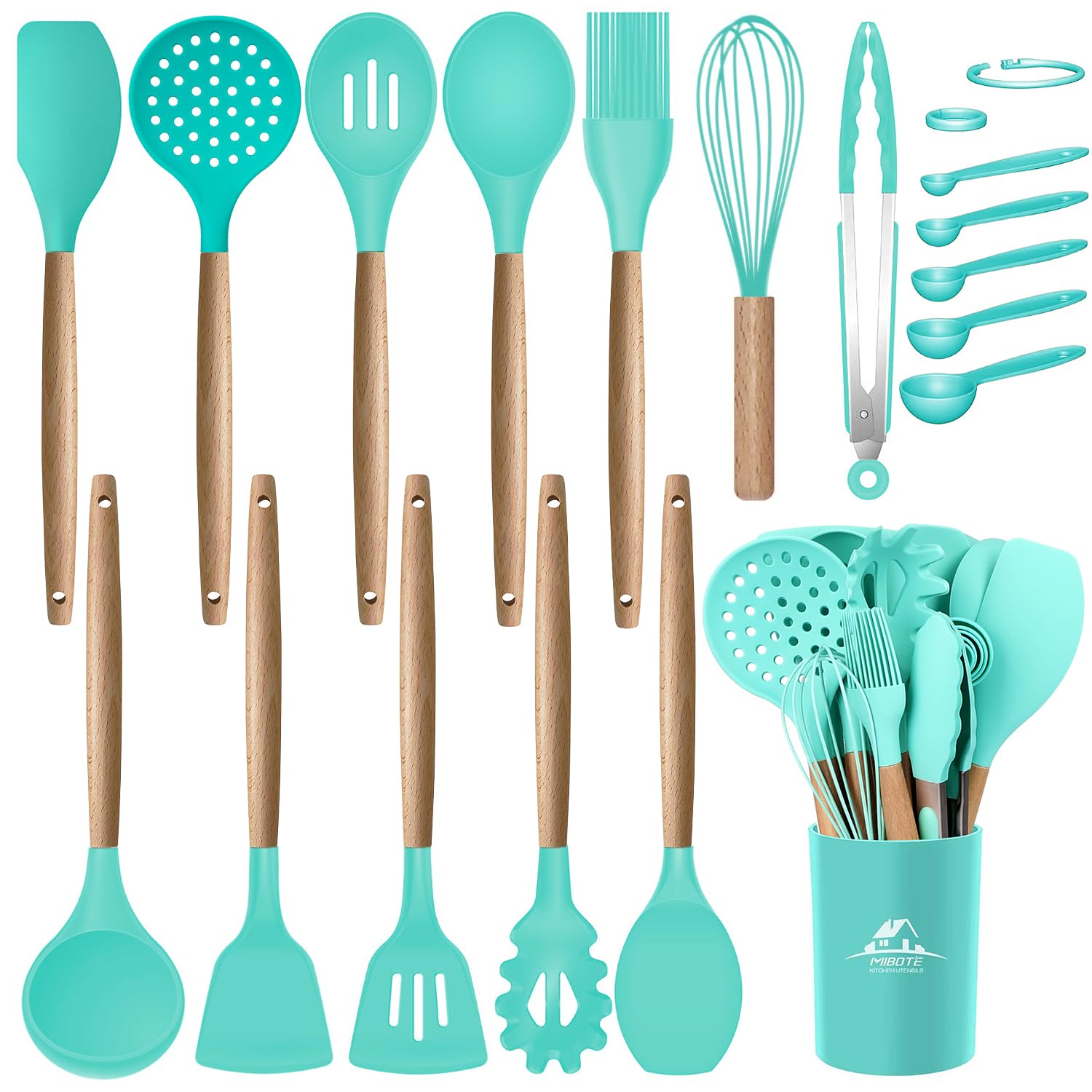 MIBOTE silicone utensils set in teal neatly stored in holder for easy kitchen organization.