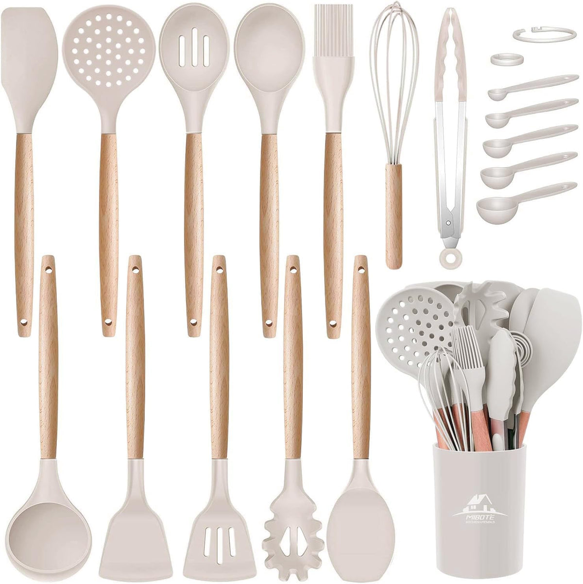 MIBOTE silicone utensils with khaki holder protect nonstick cookware while cooking safely.