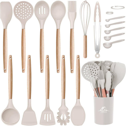 MIBOTE silicone utensils with khaki holder protect nonstick cookware while cooking safely.