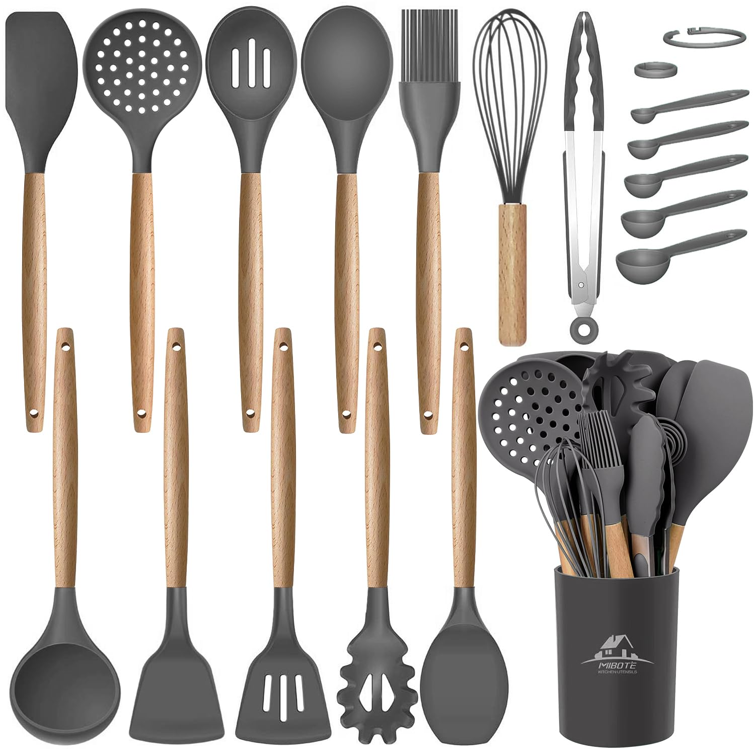 MIBOTE silicone utensils set with holder for organized nonstick cooking.