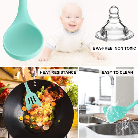 MIBOTE teal spatula with silicone head protects nonstick pans while flipping evenly.
