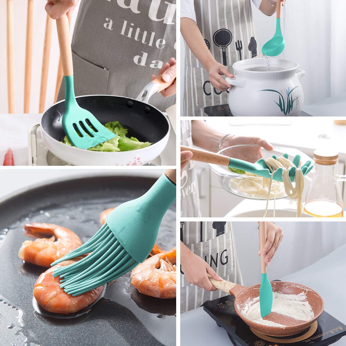 MIBOTE teal tongs offer grip and precision for turning foods without sticking.