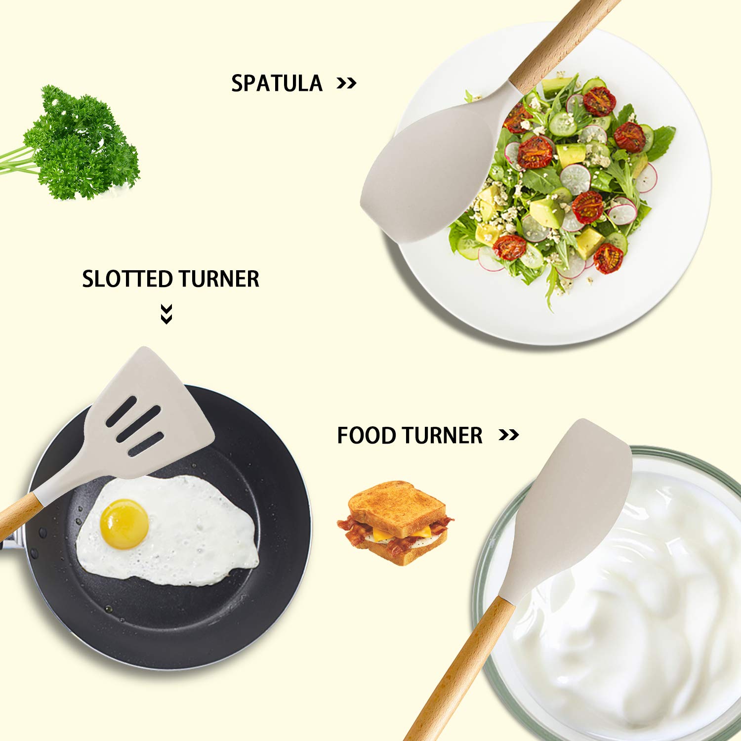 MIBOTE wooden-handle utensils highlight natural grip and rust resistance in the kitchen.