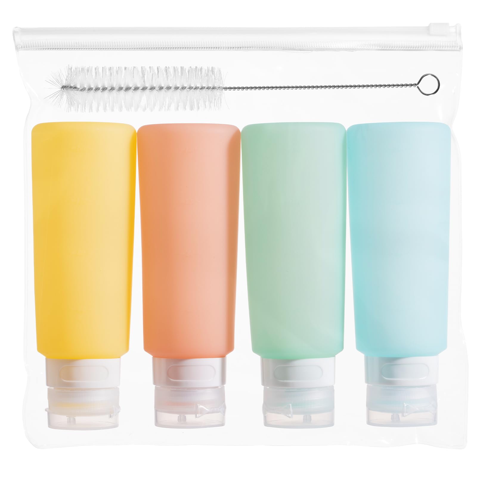 MICEBAY four-pack condiment bottles shown for travel and lunch use, with clear wide-mouth design