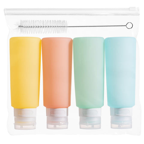 MICEBAY four-pack condiment bottles shown for travel and lunch use, with clear wide-mouth design