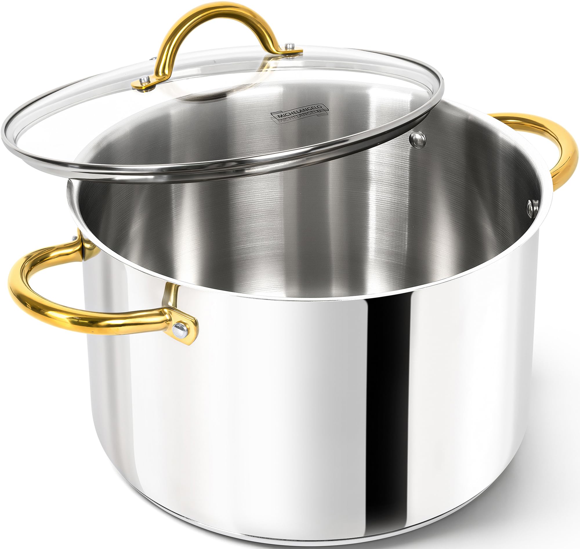 MICHELANGELO 10-quart stockpot with lid, ideal for soups and broths.