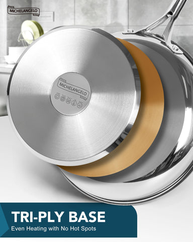 Michelangelo 9.5-inch pan delivering steady heat for sautés and sauces.