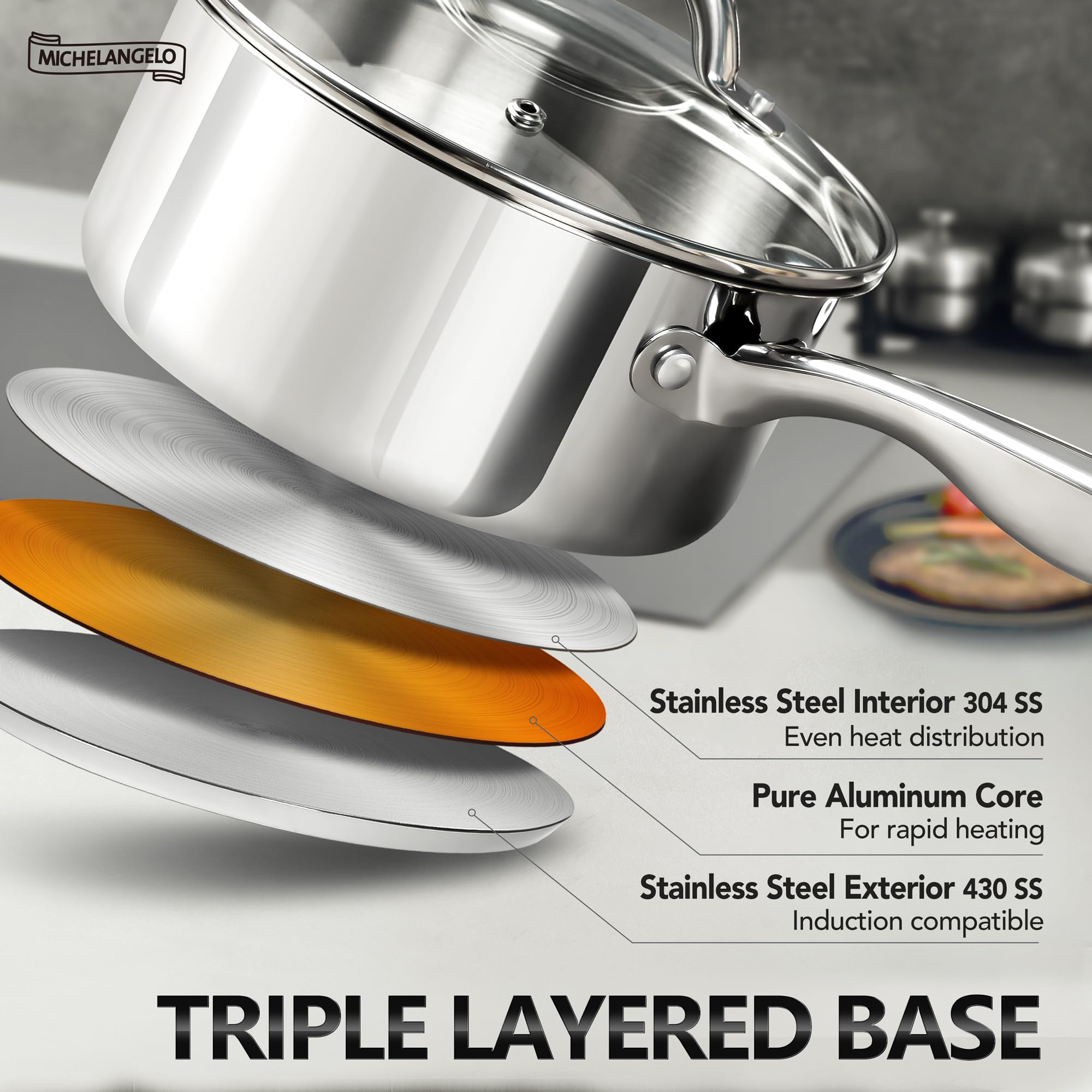 MICHELANGELO 18-10 stainless steel triple-bottom emphasizes even heat distribution