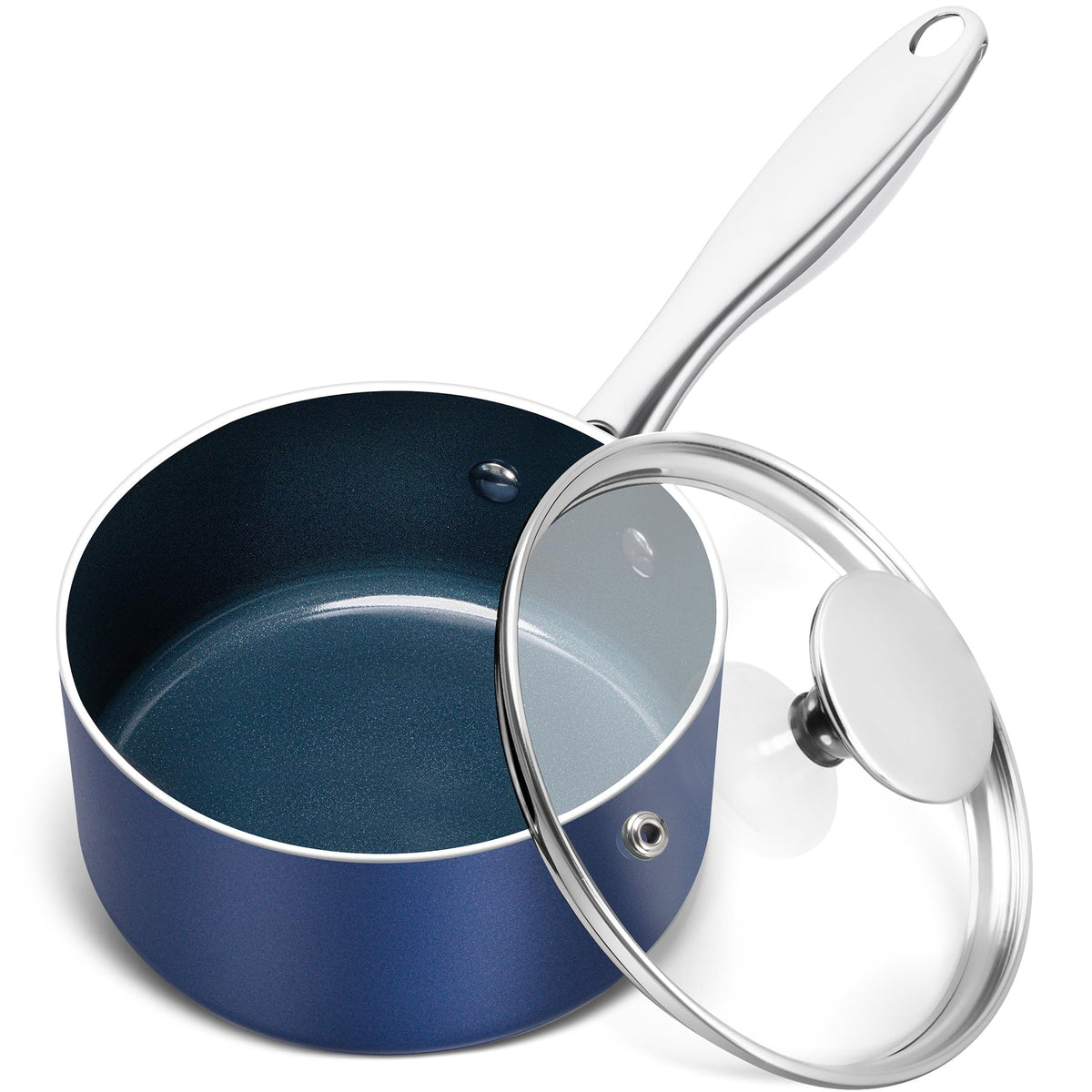 Michelangelo 1-quart blue saucepan exterior with lid, ideal for quick sauces.