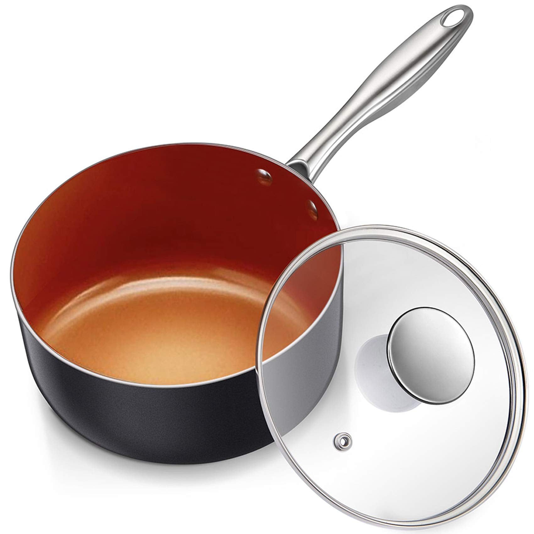 Michelangelo 2qt saucepan with lid view for quick sauces and reheating.