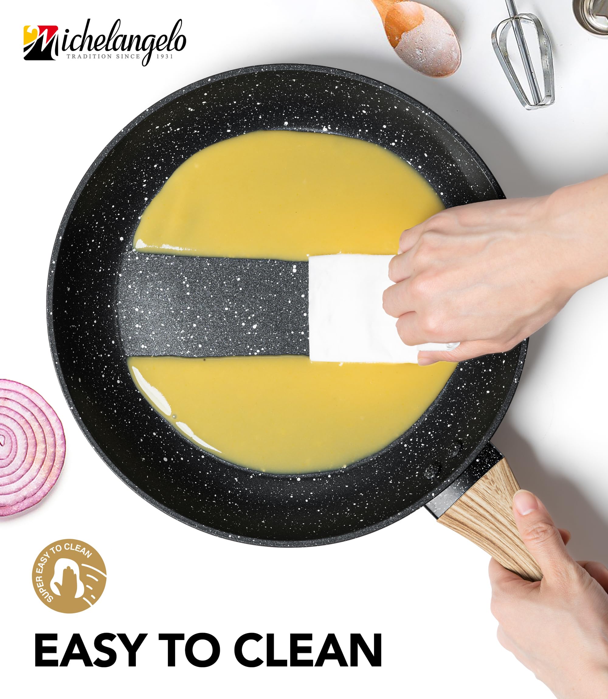 Michelangelo 3-layer bottom ensures even heat distribution across meals.