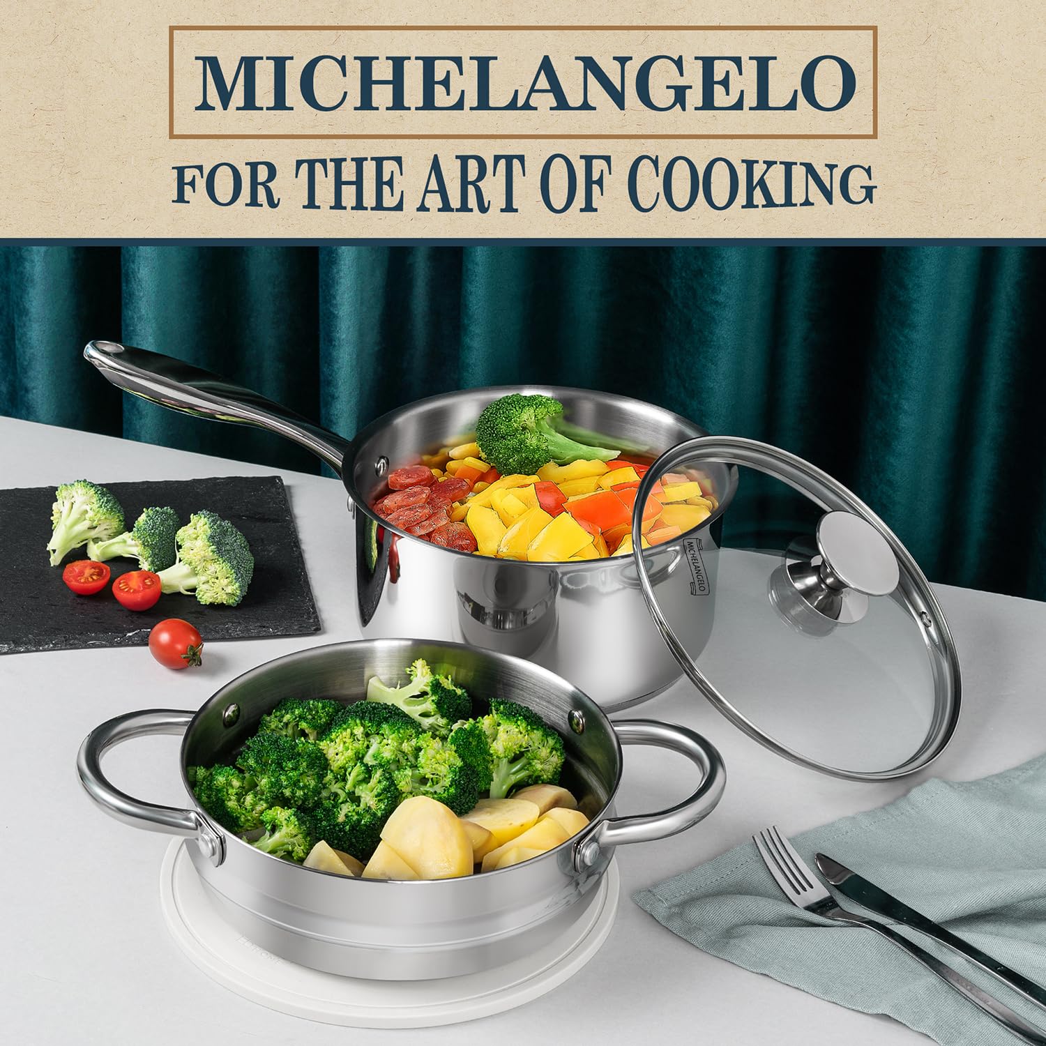 Michelangelo saucepan on stovetop enables boiling, simmering, and sauce preparation.