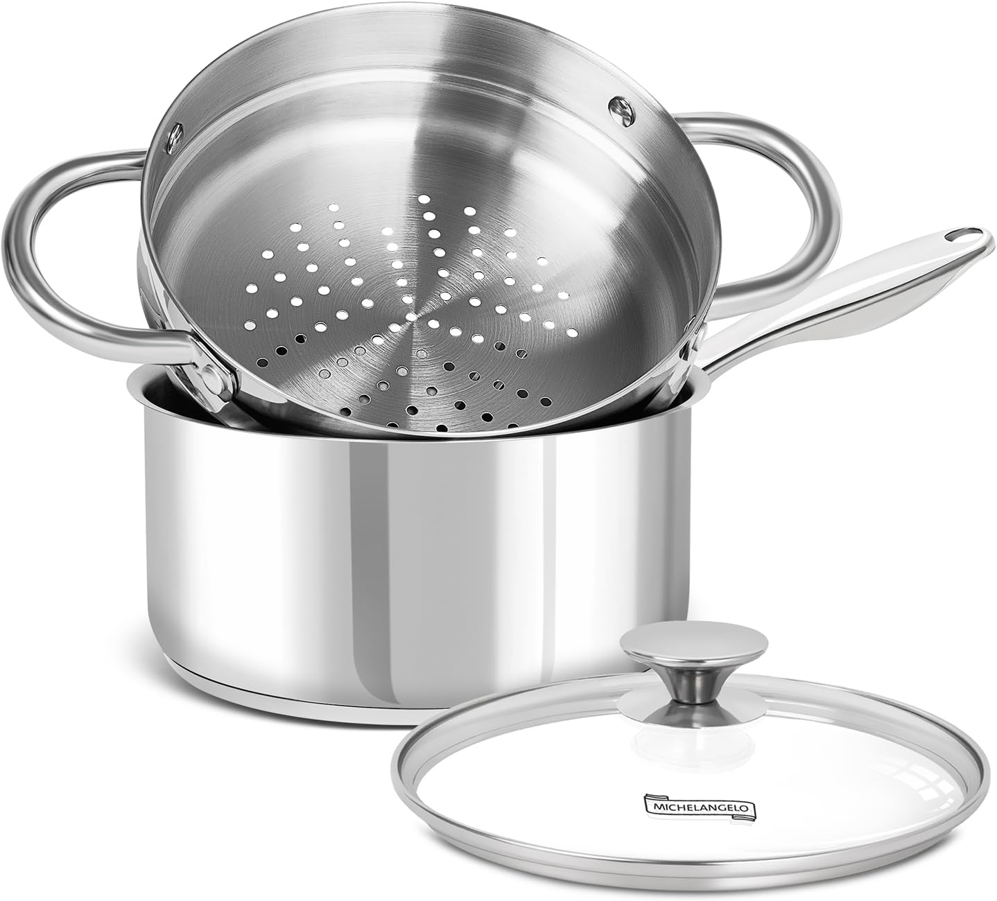Michelangelo 3-quart saucepan with steamer insert for healthy steaming of vegetables and seafood.
