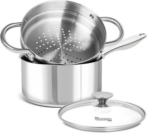 Michelangelo 3-quart saucepan with steamer insert for healthy steaming of vegetables and seafood.