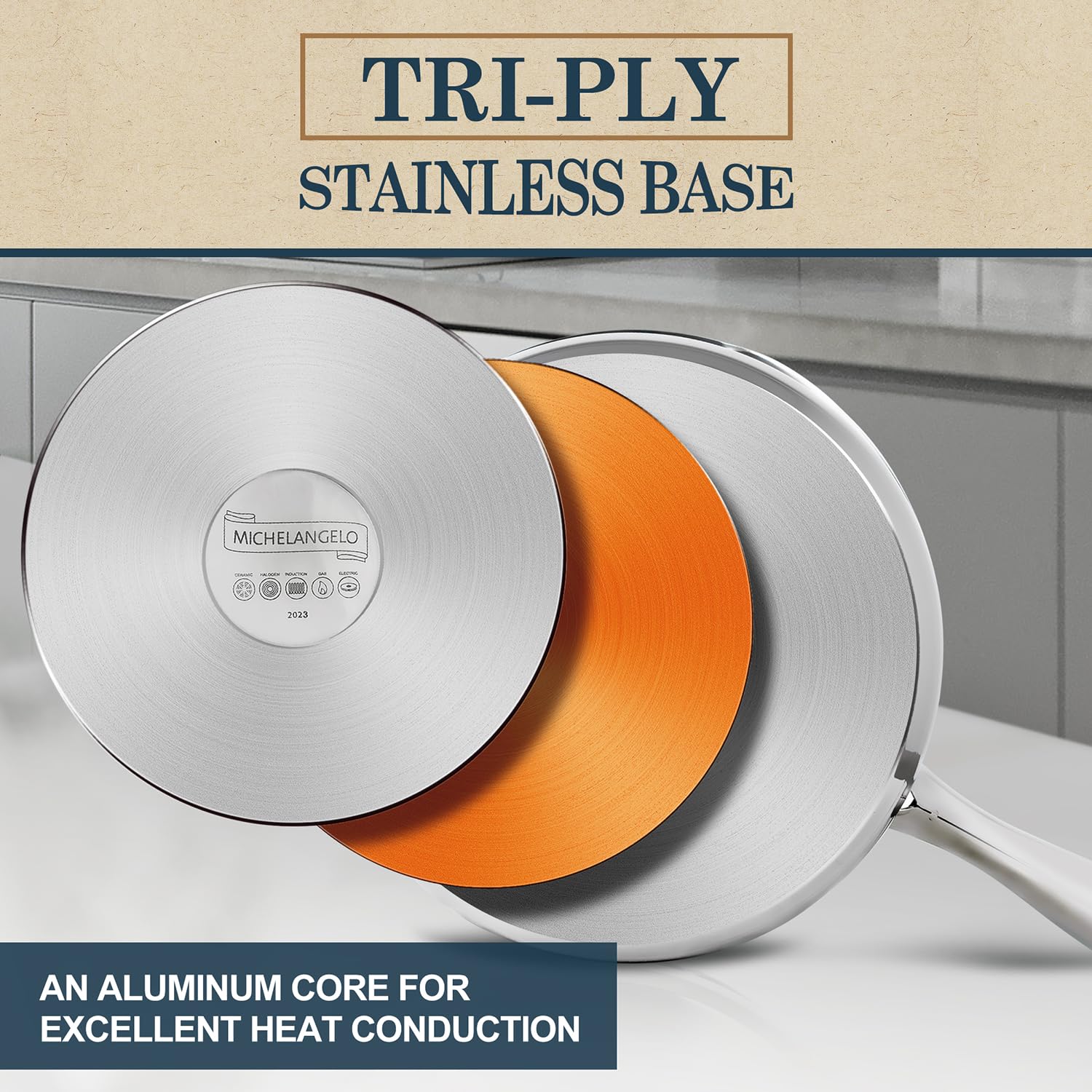 Michelangelo triple-bottom saucepan delivers even heat across the entire cooking surface.